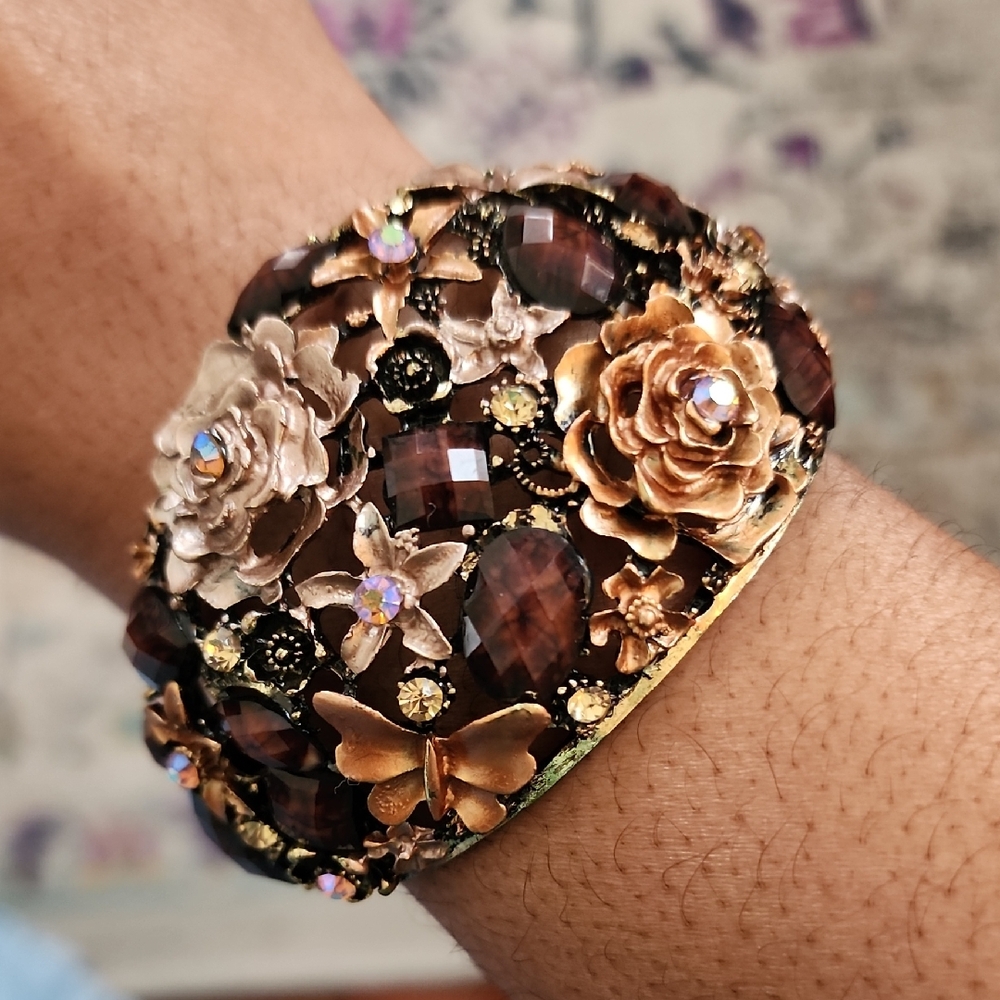 Gold Tone Floral Crystal Cuff Bracelet Rose Butterfly Faceted Rhinestone Stateme